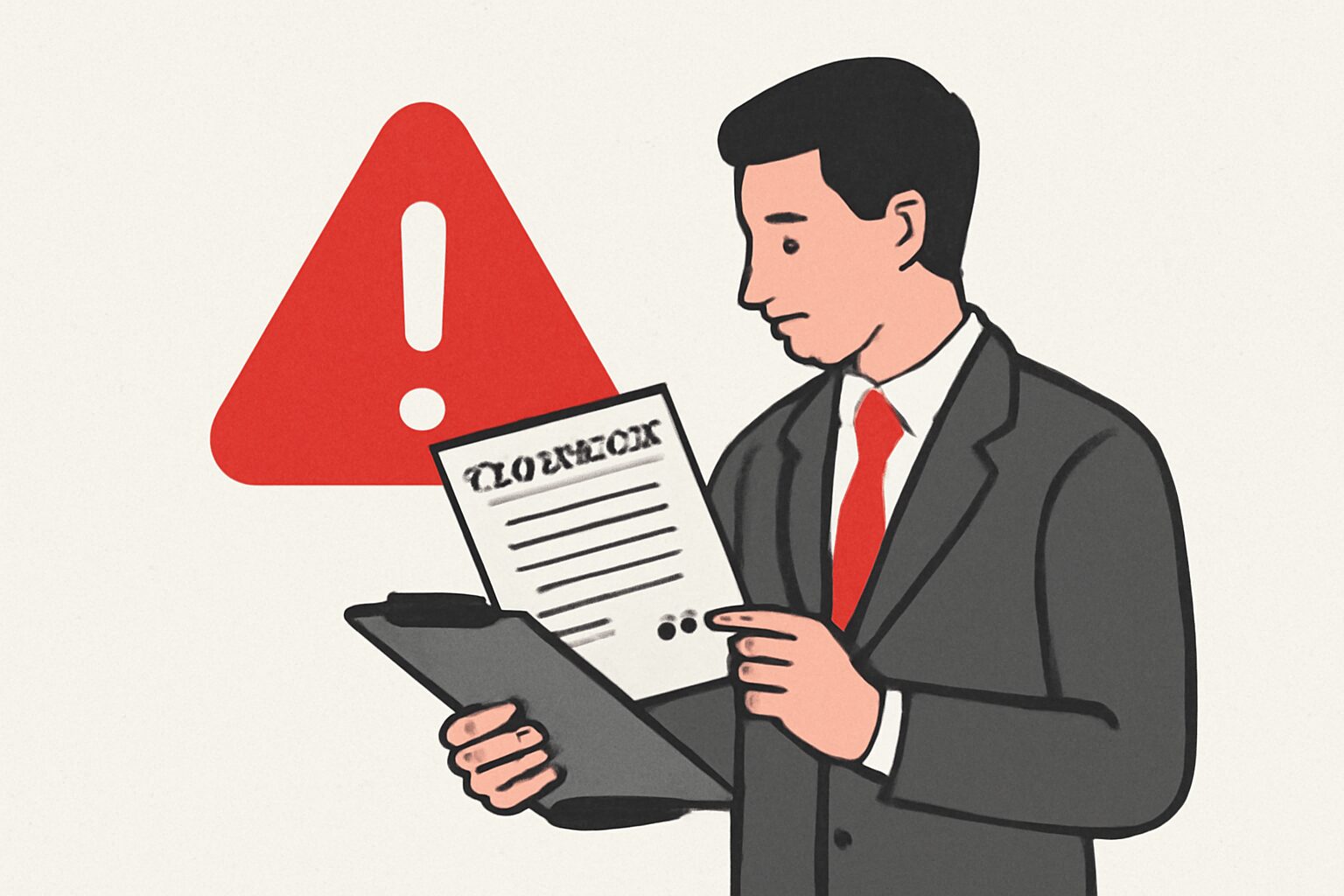 注意マークと契約書を確認しているビジネスパーソンのフラットイラスト、赤とグレーの配色、テキストなし