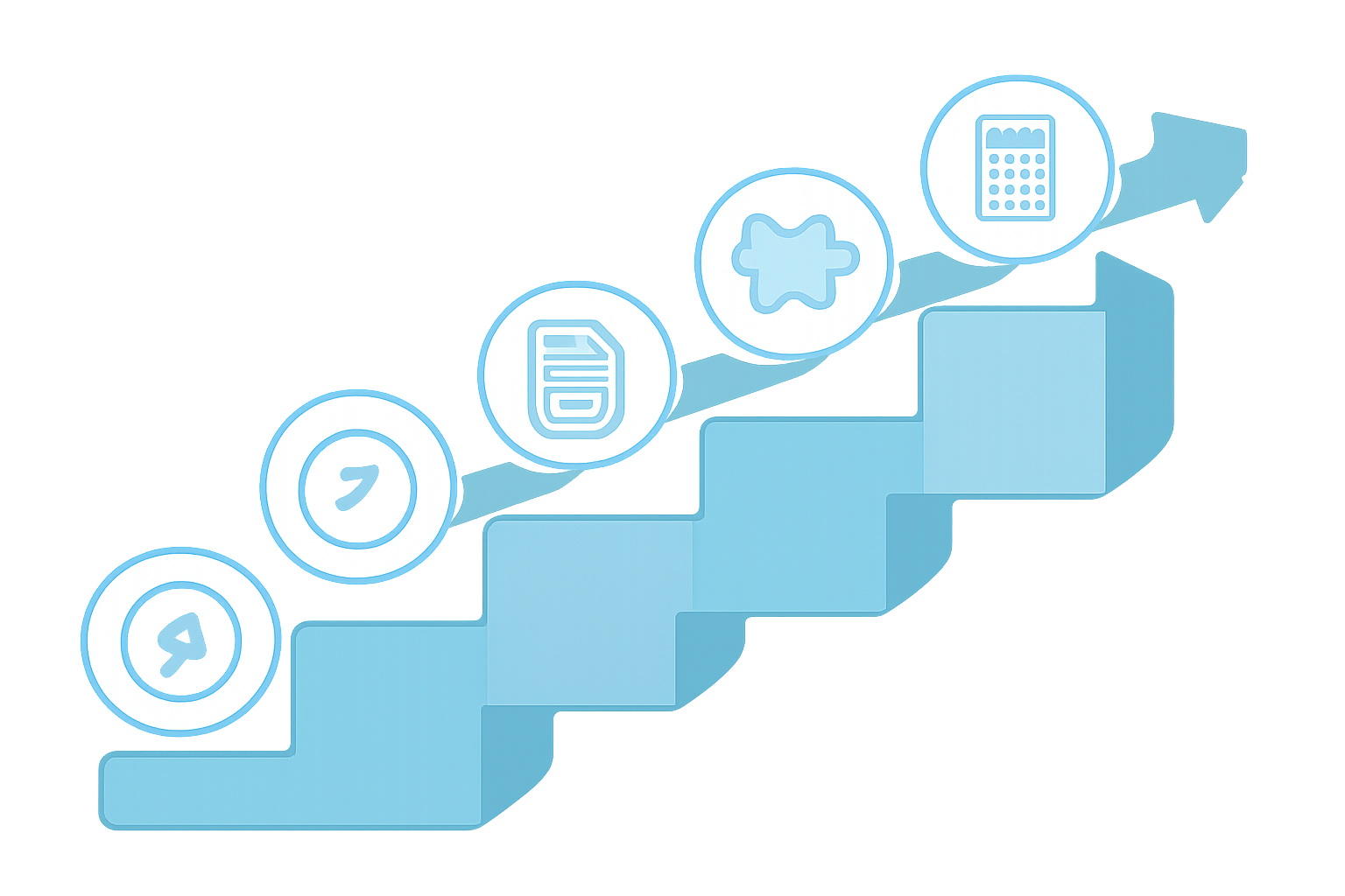 5つのステップが階段状に並んだロードマップのフラットイラスト、各ステップにアイコン（方向性・届出・営業・契約・会計）、水