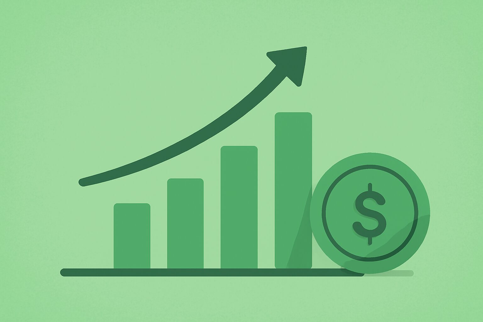グラフが右肩上がりに伸びているチャートと、コインのアイコンが並ぶフラットイラスト、グリーン系配色、テキストなし
