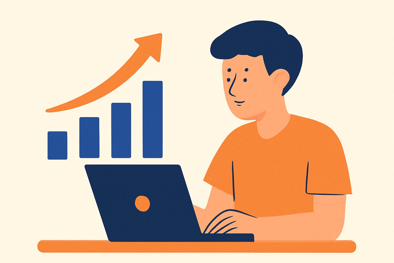 右肩上がりのグラフとパソコンで作業する人物のフラットイラスト、オレンジとブルーの配色、テキストなし