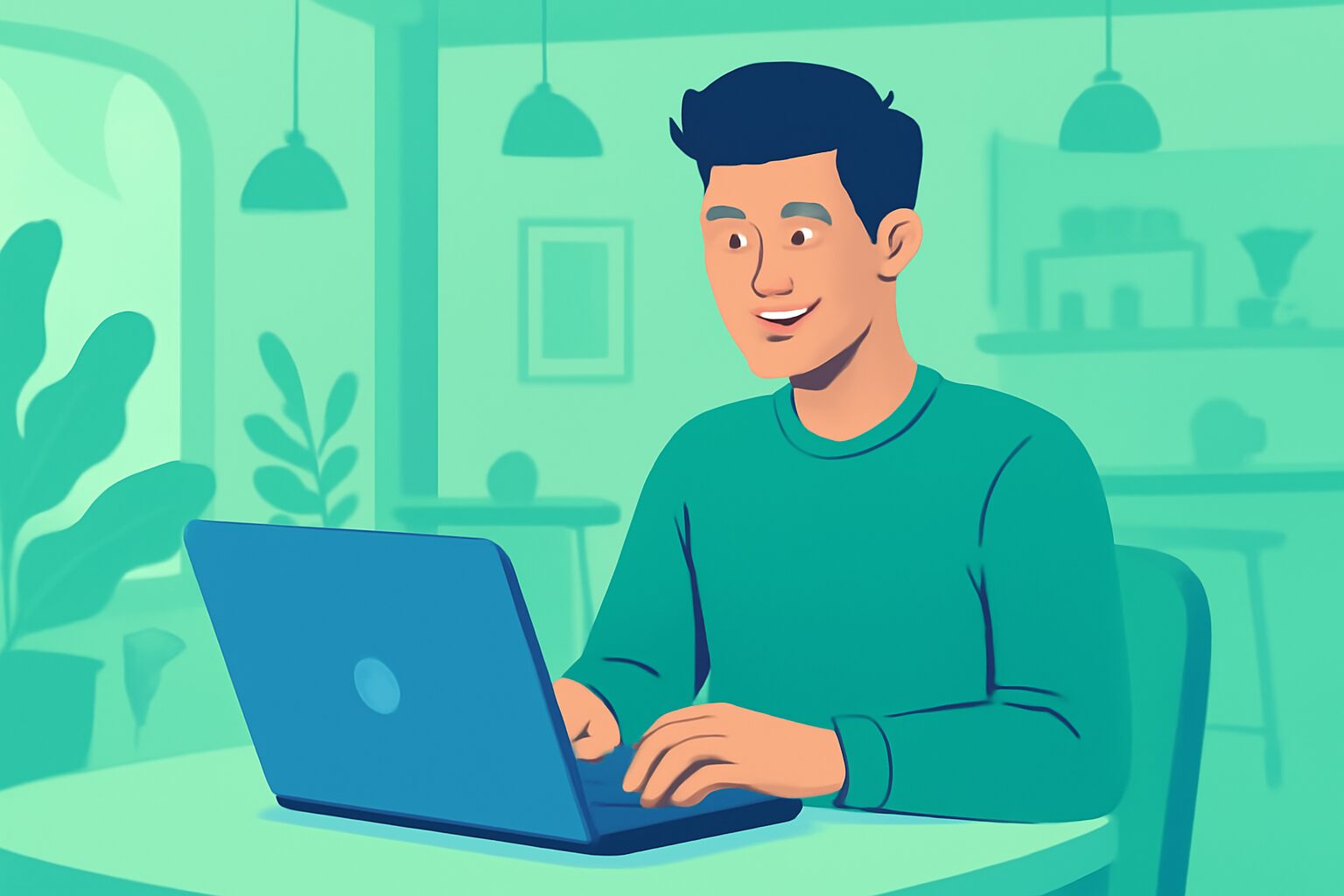 ノートパソコンを開いて笑顔で作業する人物、自由な雰囲気のカフェ背景、明るい緑と青系フラットイラスト、テキストなし