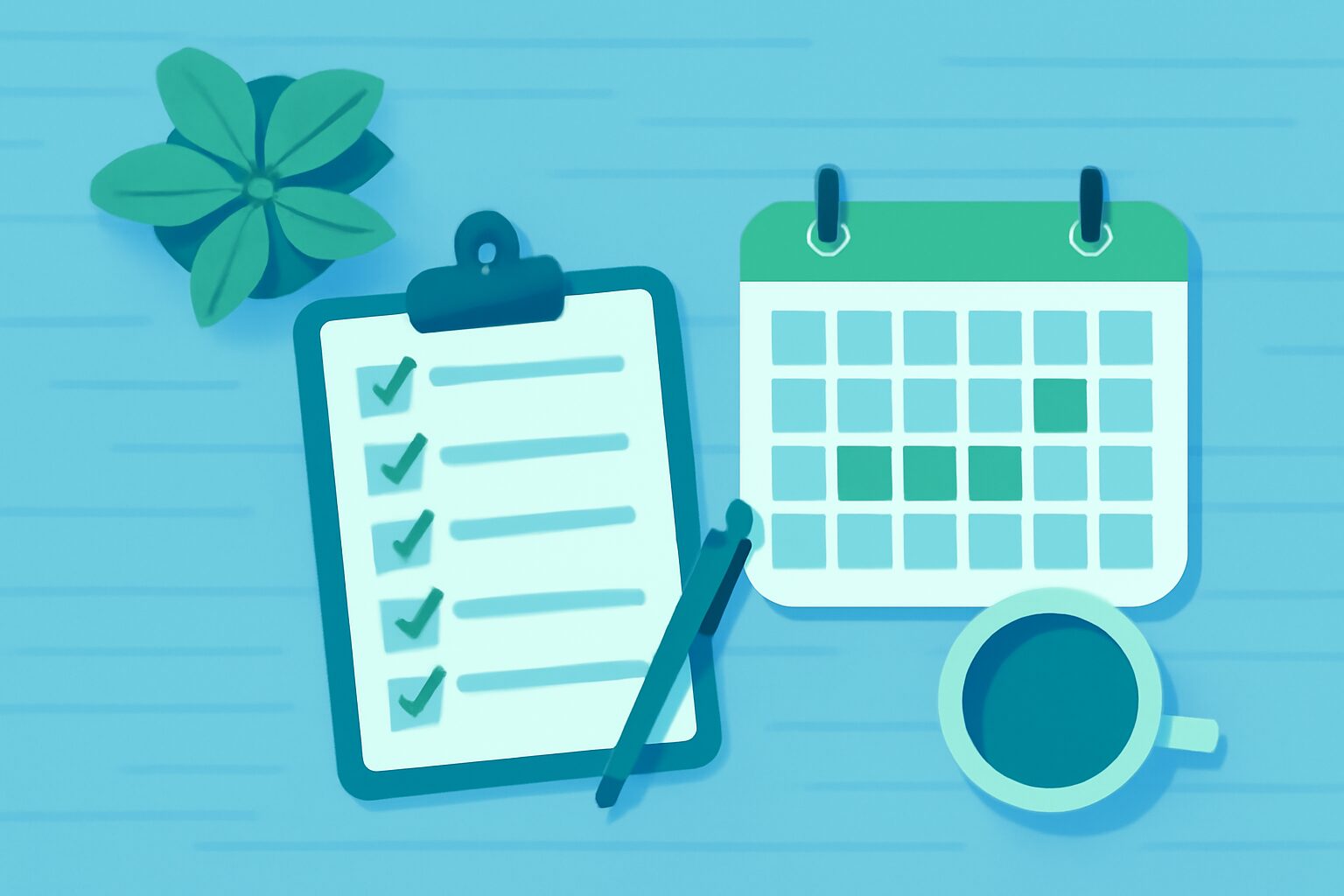 チェックリストとカレンダーを並べたデスクの俯瞰フラットイラスト、青と緑系、テキストなし