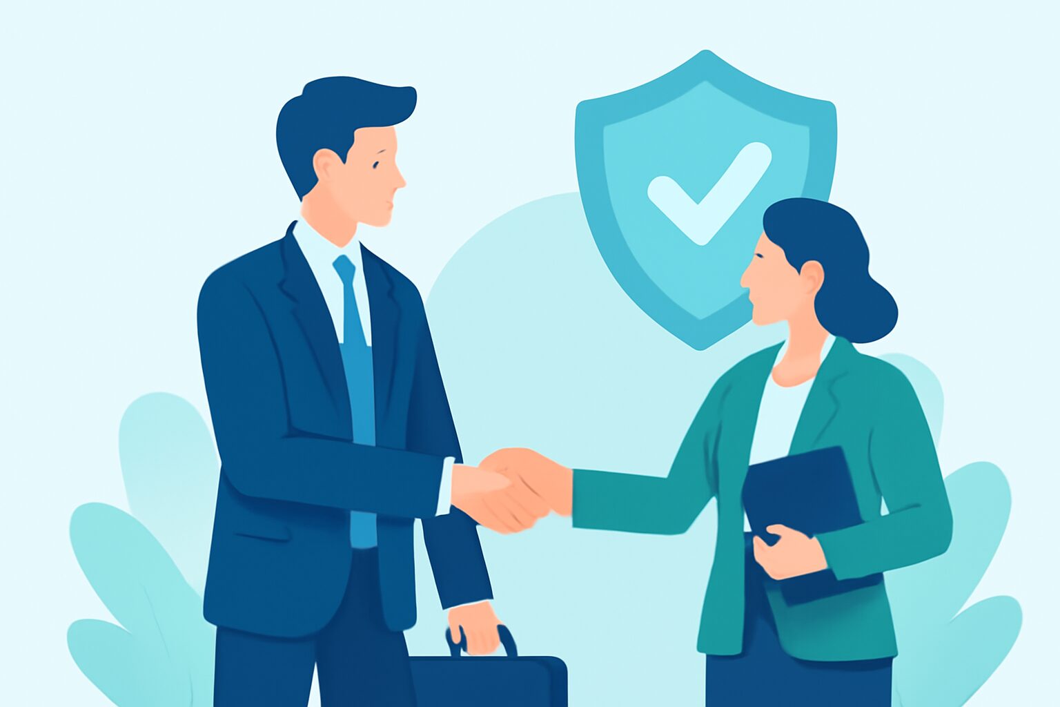 握手するビジネスパーソンと安心を示す盾アイコンのフラットイラスト、青と緑系カラー、テキストなし