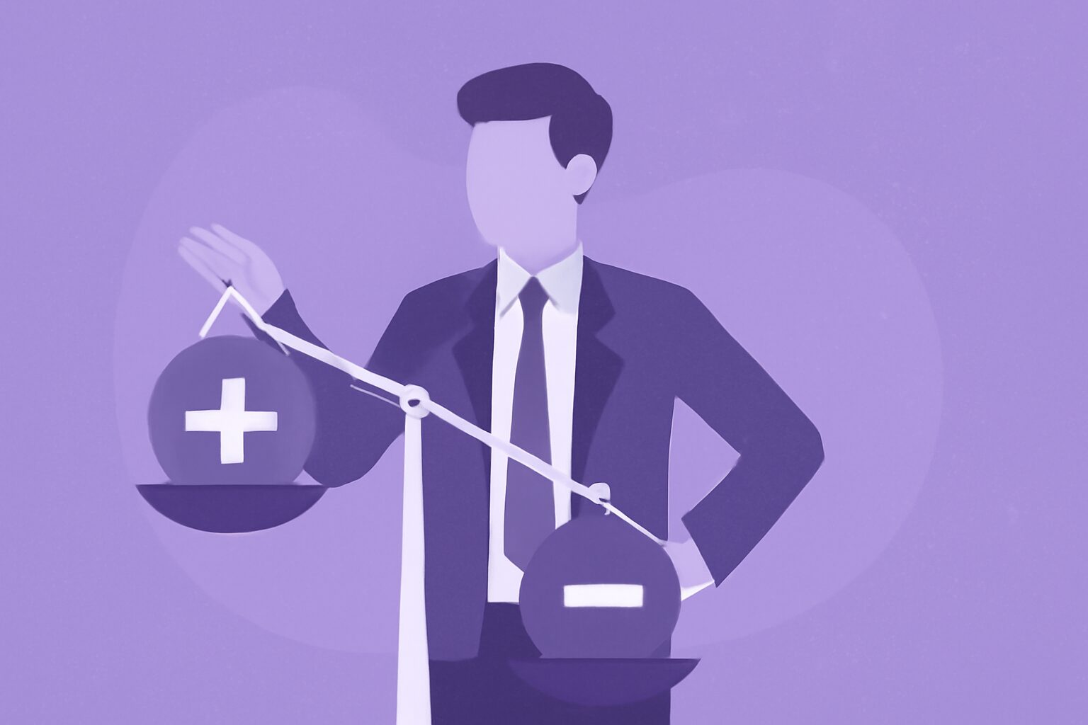 メリットとデメリットを天秤にかけて比較しているビジネスパーソンのフラットイラスト、紫と白基調、テキストなし