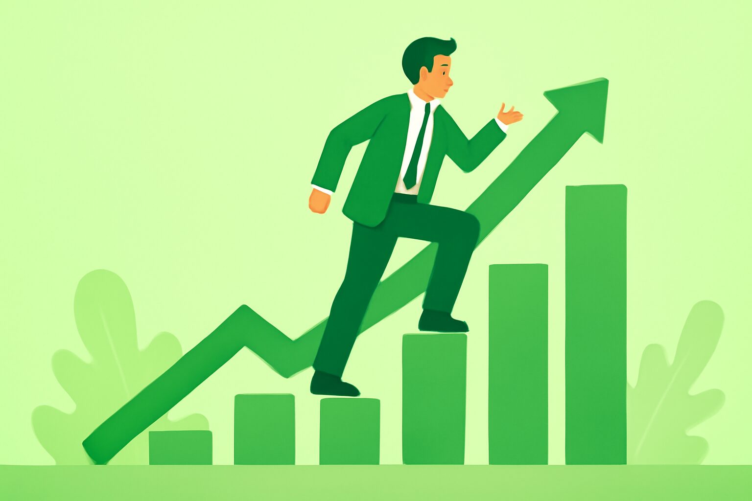 ビジネスの成長を表す上昇グラフとビジネスパーソンのフラットイラスト、明るい緑基調、テキストなし