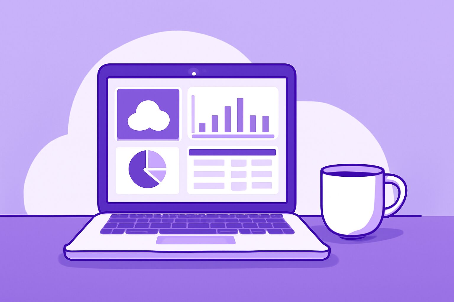 クラウド会計ソフトの画面が表示されたノートパソコンと、その横にコーヒーカップが置かれたデスクのフラットイラスト、紫と白の