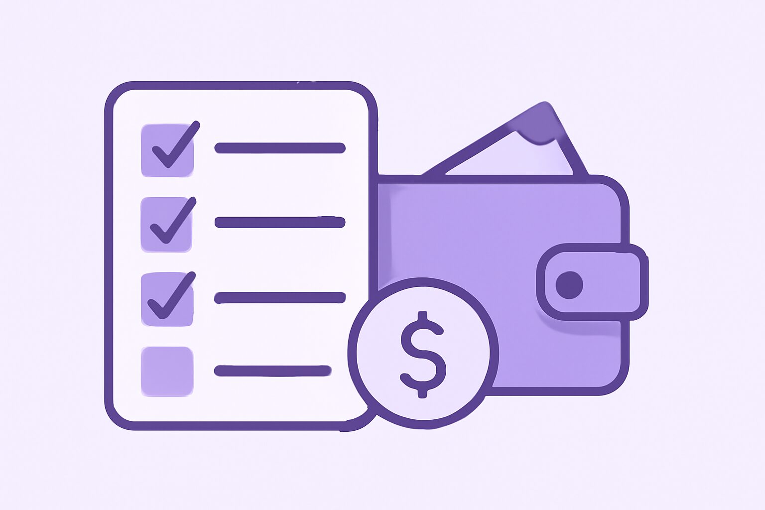 チェックリストと財布のアイコンが並んだ、費用と優先順位を表すフラットイラスト、紫と白基調、テキストなし