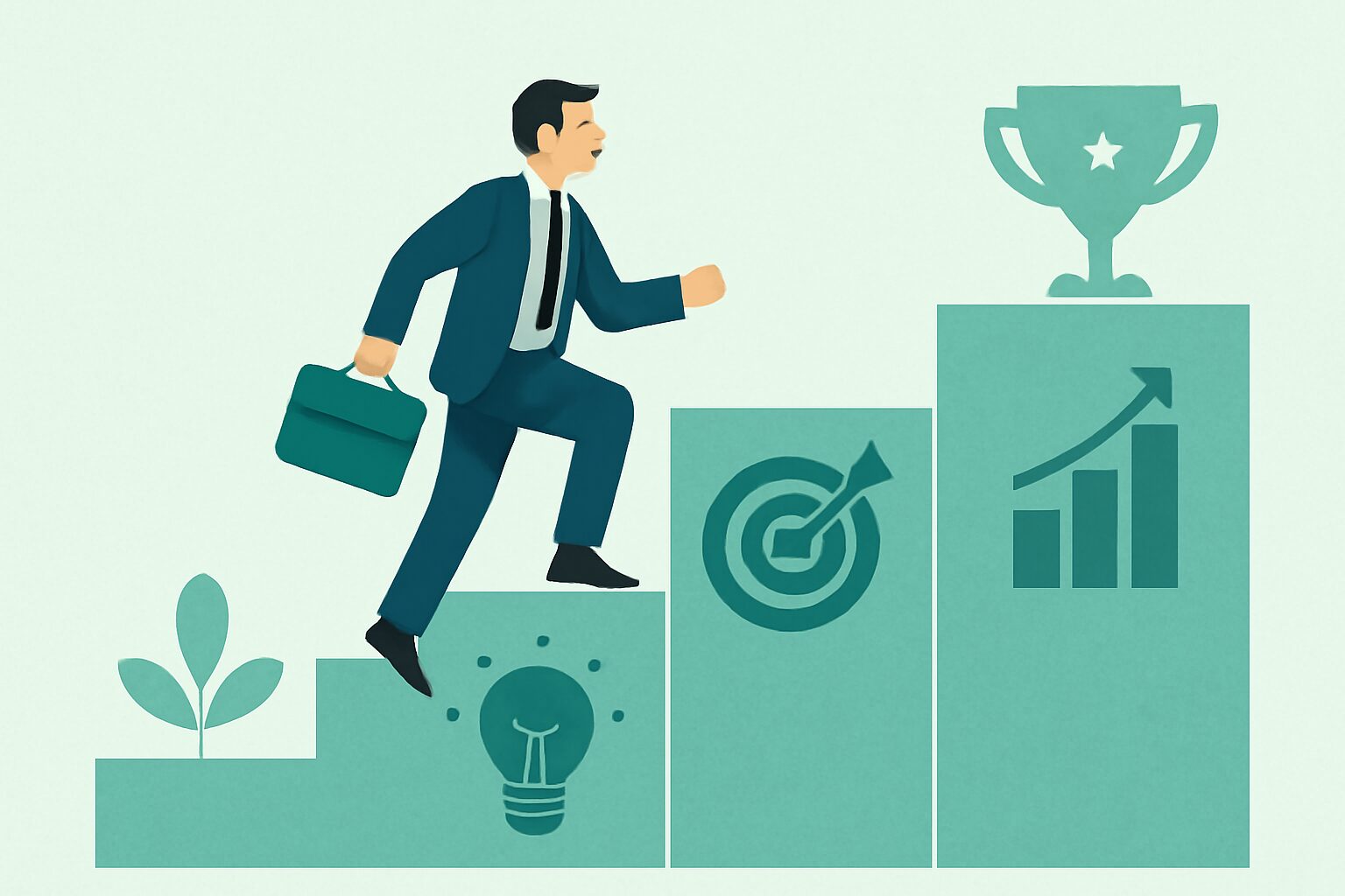 階段を一段ずつ登っていくビジネスパーソンと、各段にアイコンが描かれたフラットイラスト、緑と青系カラー、テキストなし