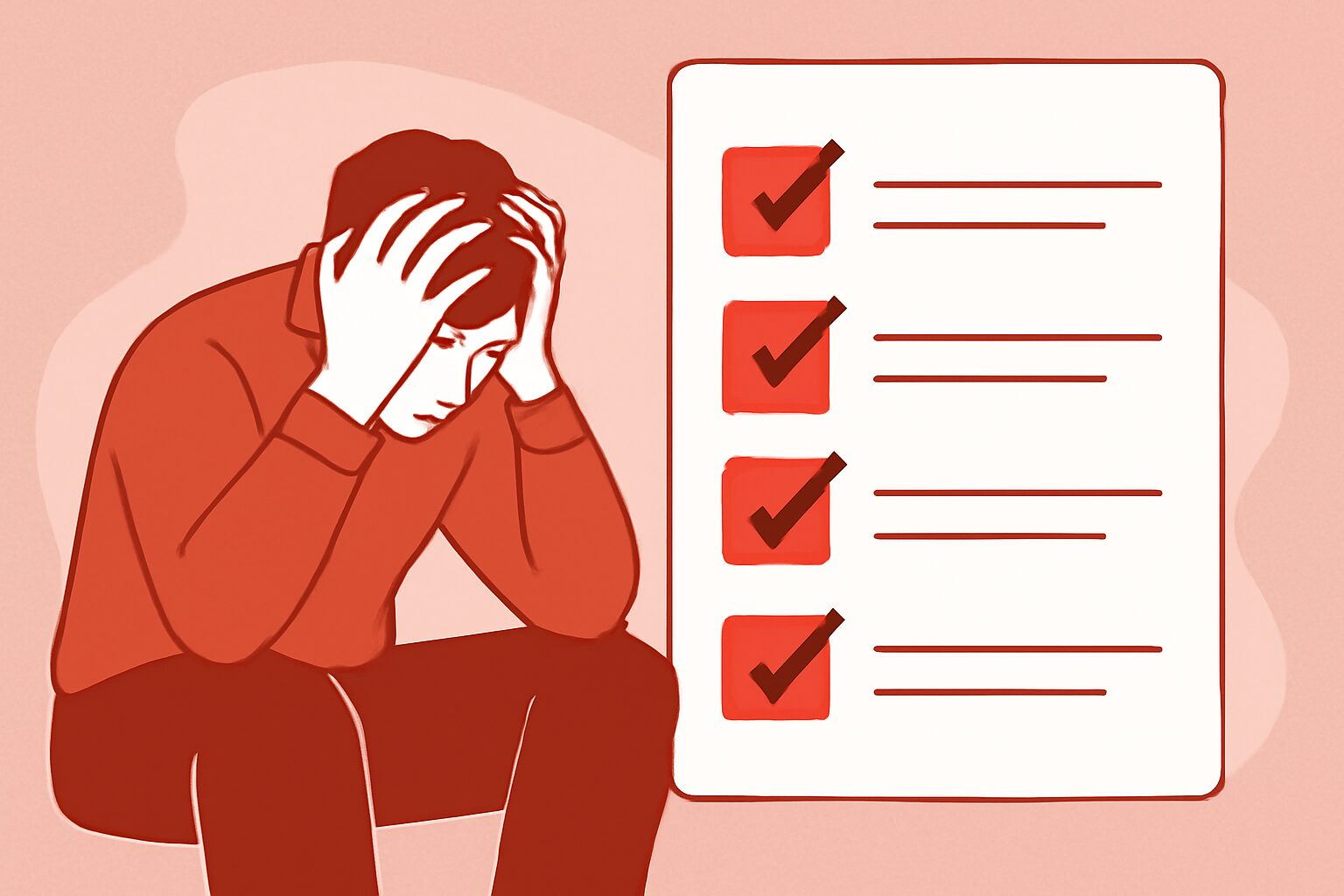失敗して頭を抱えている人物と、横に大きなチェックリストが表示されているフラットイラスト、レッドとホワイト系カラー、テキス