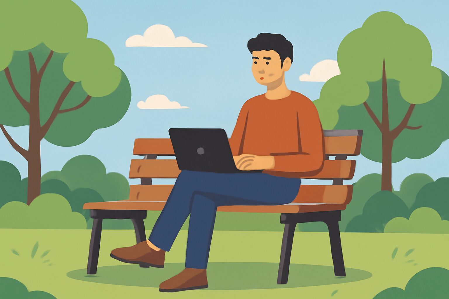 公園のベンチでノートパソコンを開いてリフレッシュしながら作業するフリーランスのフラットイラスト、木々と青空の背景、テキス