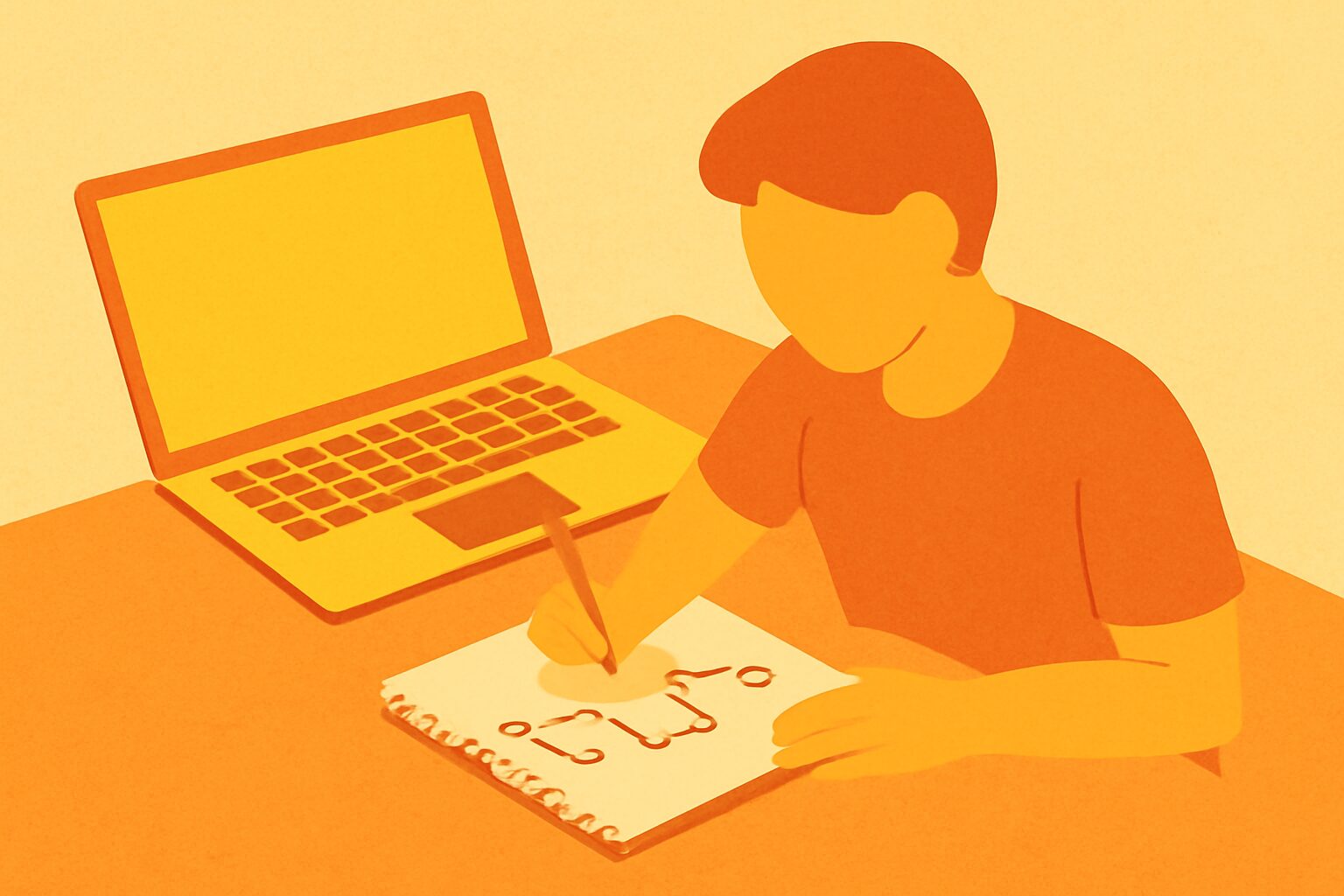 ノートパソコンとメモ帳を広げてロードマップを描いている人物のフラットイラスト、オレンジ・イエロー系カラー、テキストなし