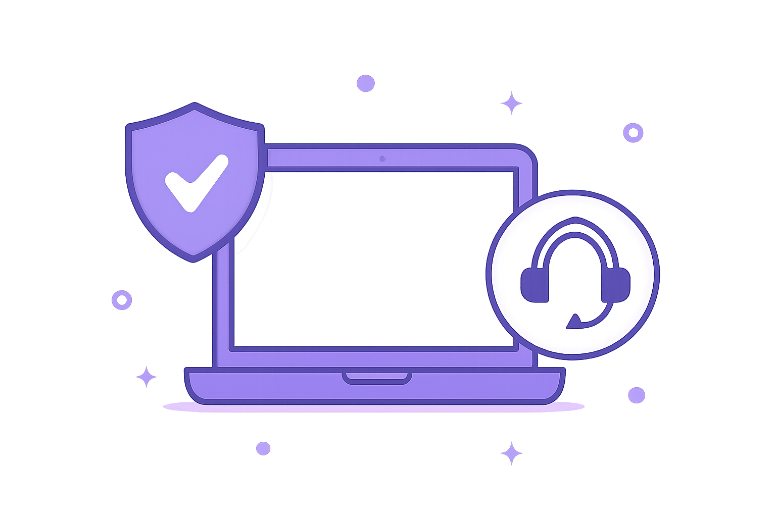 セキュリティシールドとサポートアイコンに囲まれたノートパソコンのフラットイラスト、紫と白のカラースキーム、テキストなし