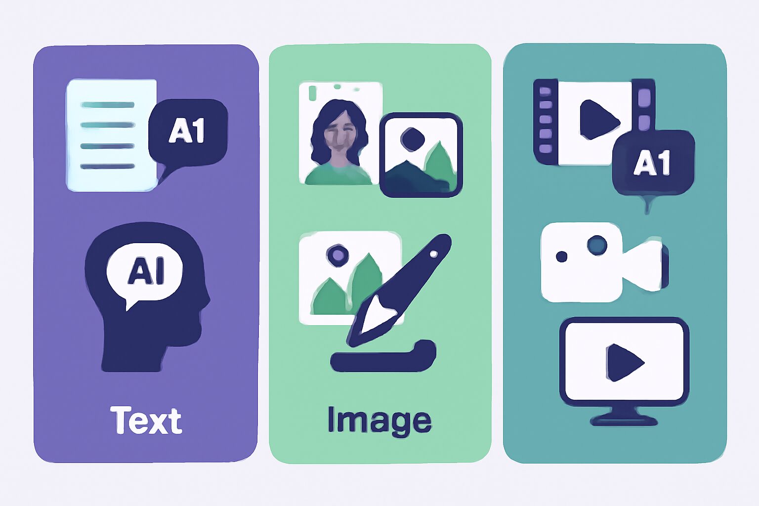 AIツールのカテゴリ別比較を示すフラットイラスト。テキスト・画像・動画の3グループに分けられたアイコン群が並ぶ。パープル