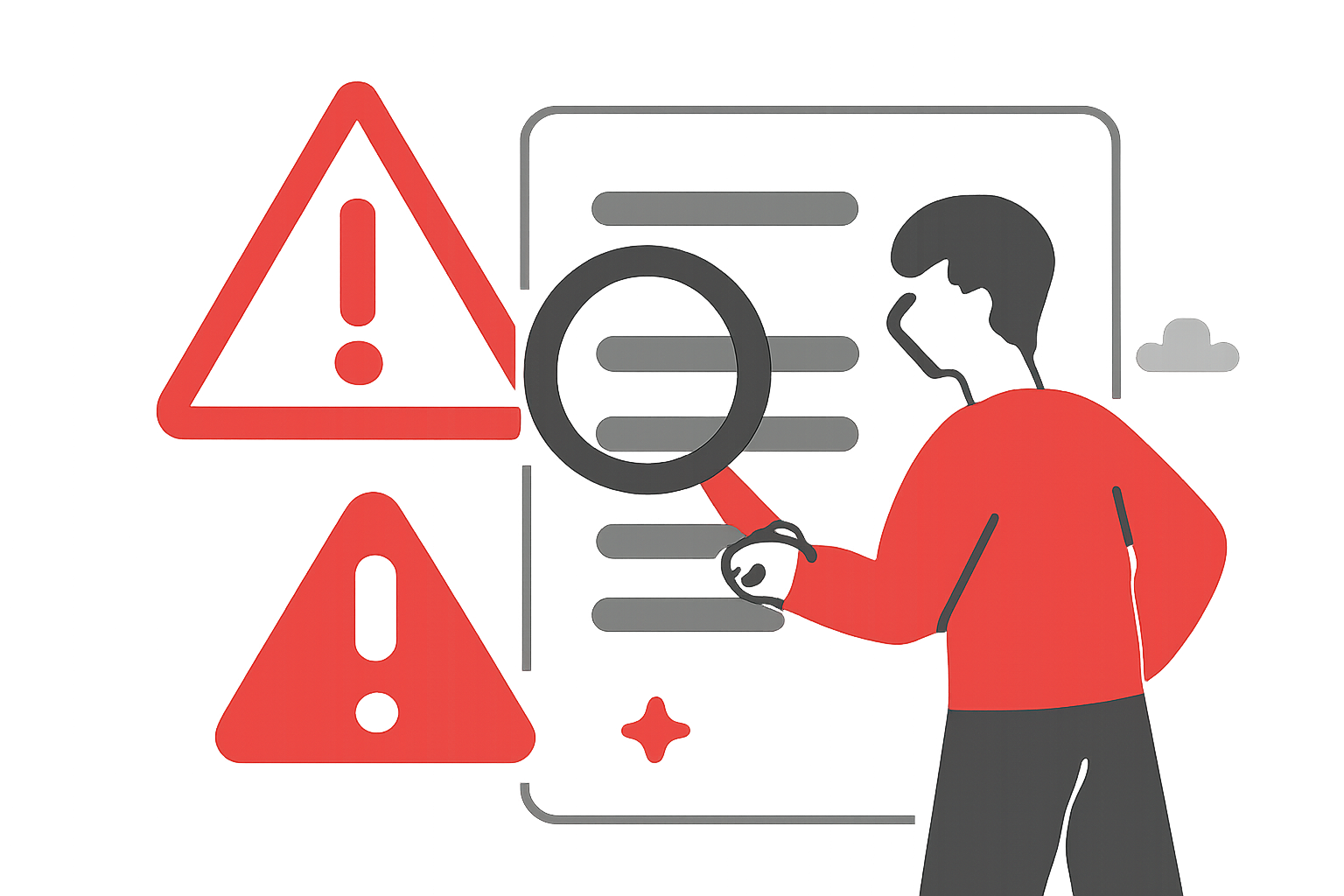 警告マークと虫眼鏡で案件を精査しているイメージのフラットイラスト、赤とグレーの配色、テキストなし