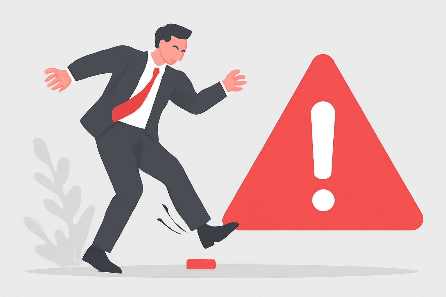 つまずいて転びそうなビジネスパーソンと注意マークのフラットイラスト、赤とグレーの配色、テキストなし