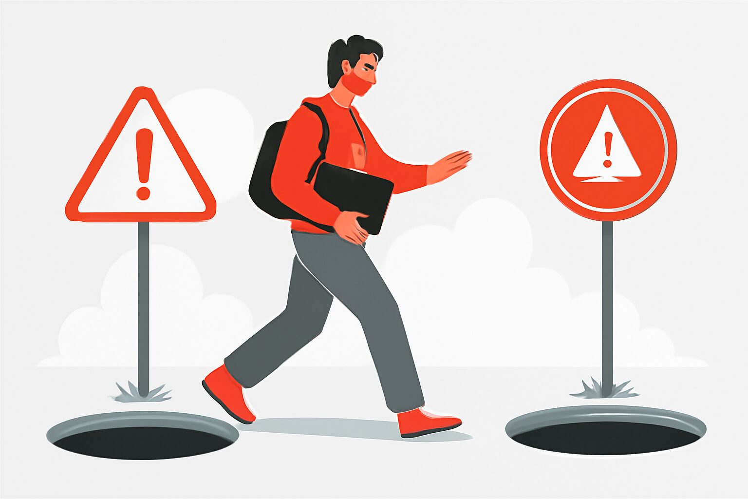 落とし穴や警告サインを避けながら進むフリーランスのフラットイラスト、赤とグレーの配色、テキストなし