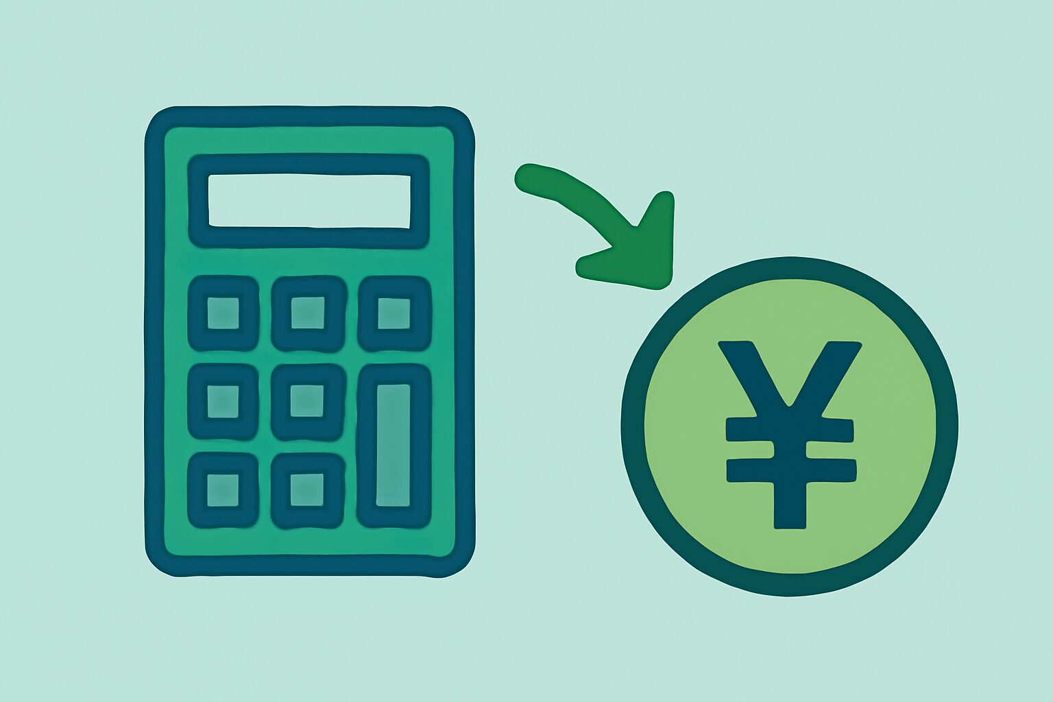 電卓と円マークのコインが並び、矢印で税額が削減されるイメージのフラット図解、緑と青のカラー、テキストなし