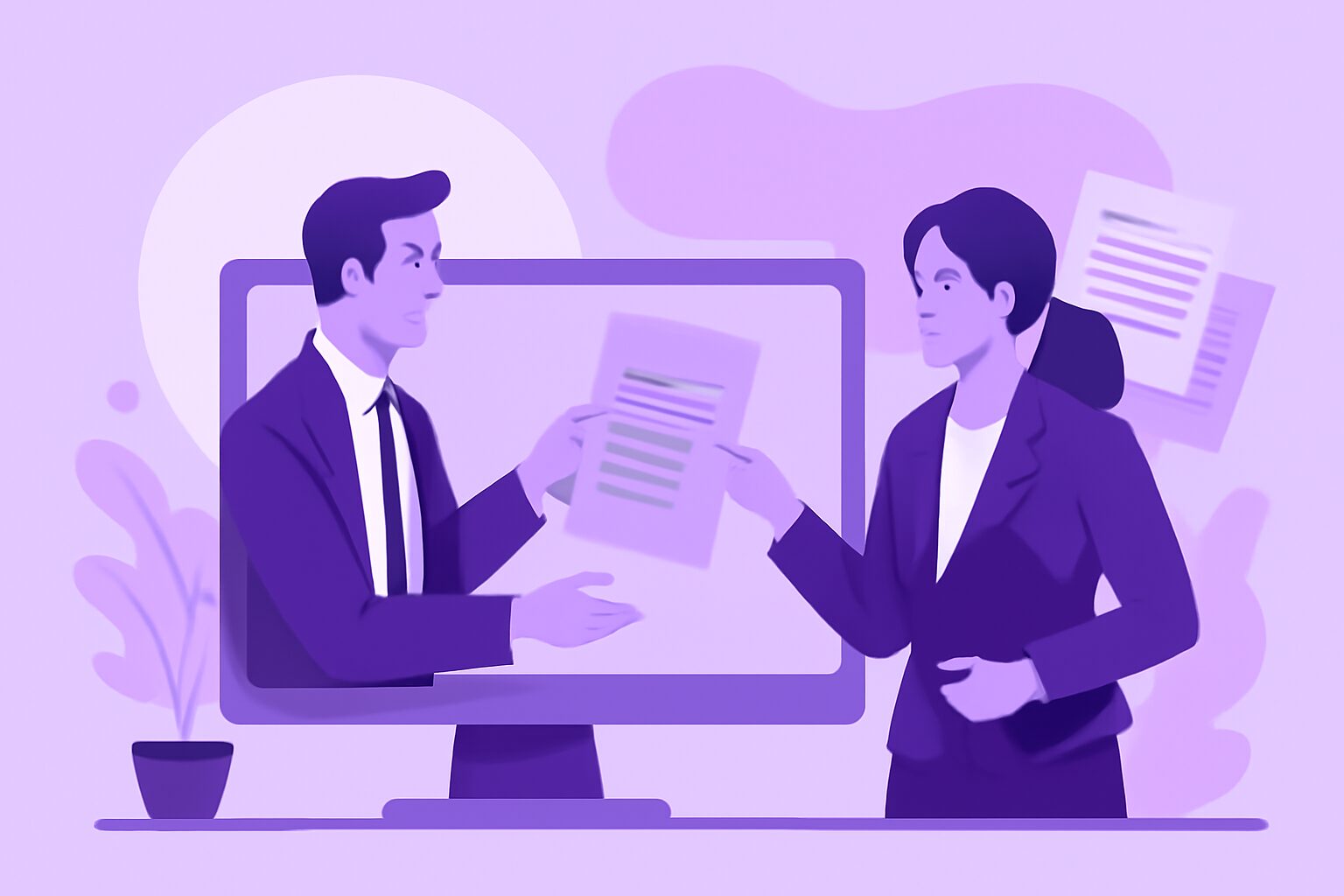 ビジネスパーソン同士がオンラインで書類をやり取りしているフラットイラスト、紫系カラー、テキストなし