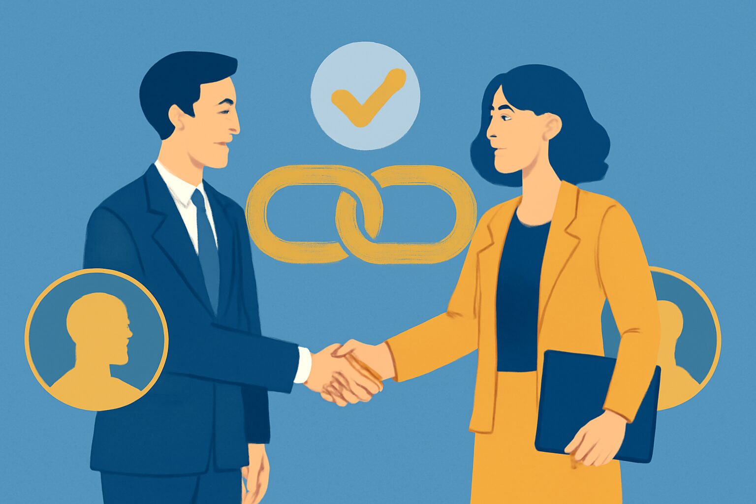 握手するビジネスパーソン2人とマッチングのイメージが描かれたフラットイラスト、ブルー・ゴールド系カラー、テキストなし