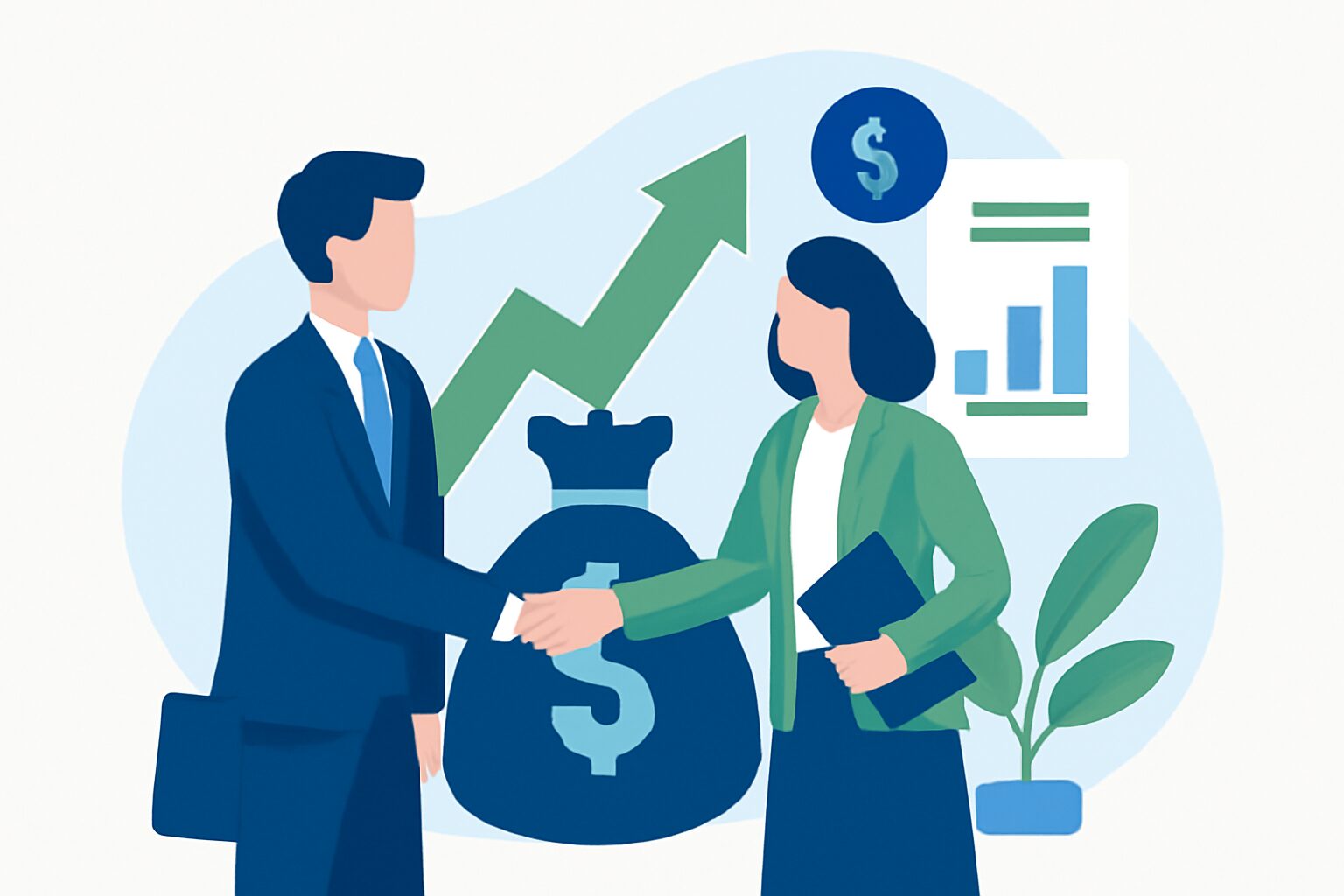 握手するビジネスパーソンと資金調達の成功をイメージしたフラットイラスト、青と緑の配色、テキストなし