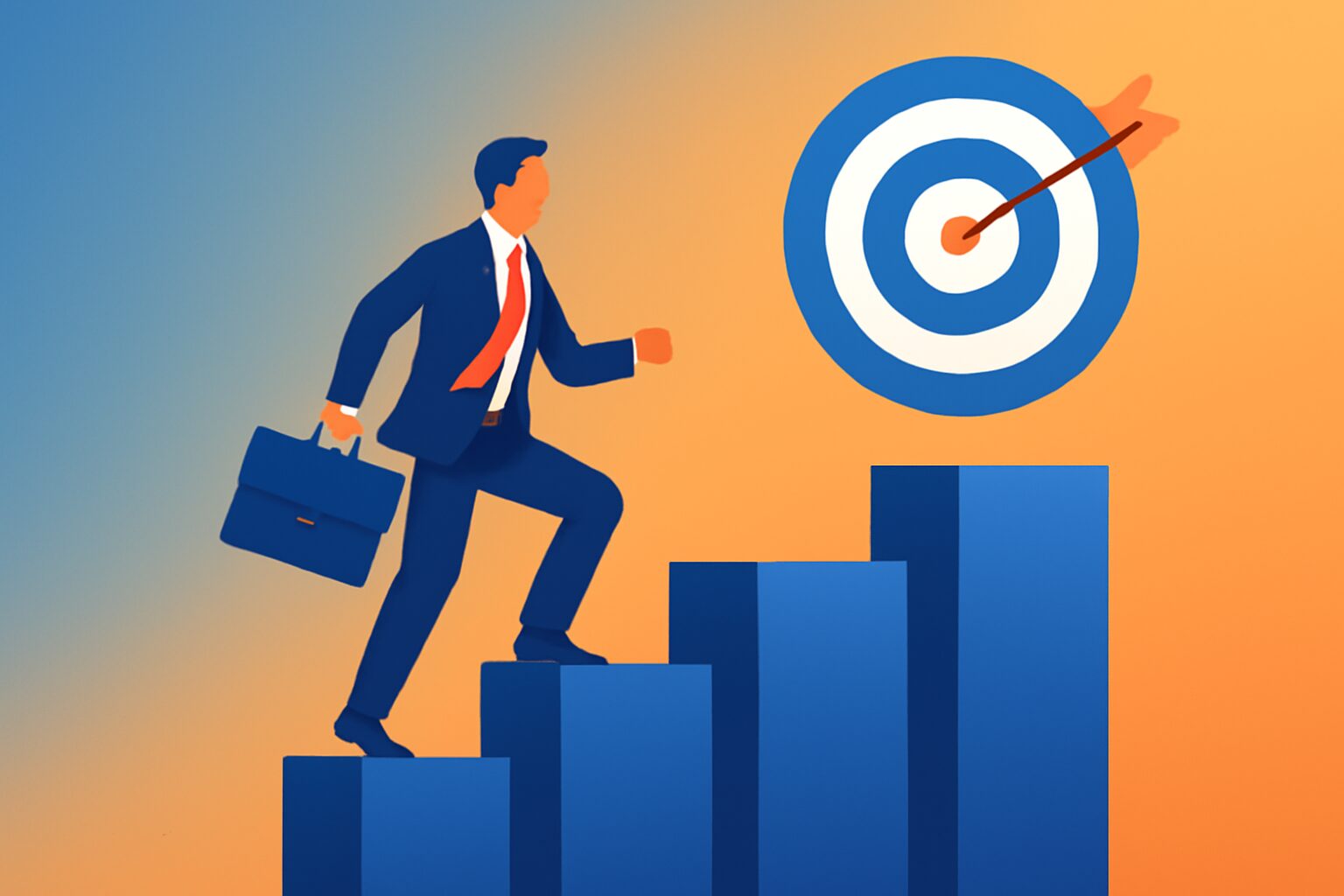目標に向かってステップアップしていくビジネスパーソンのフラットイラスト、青とオレンジのグラデーション、テキストなし
