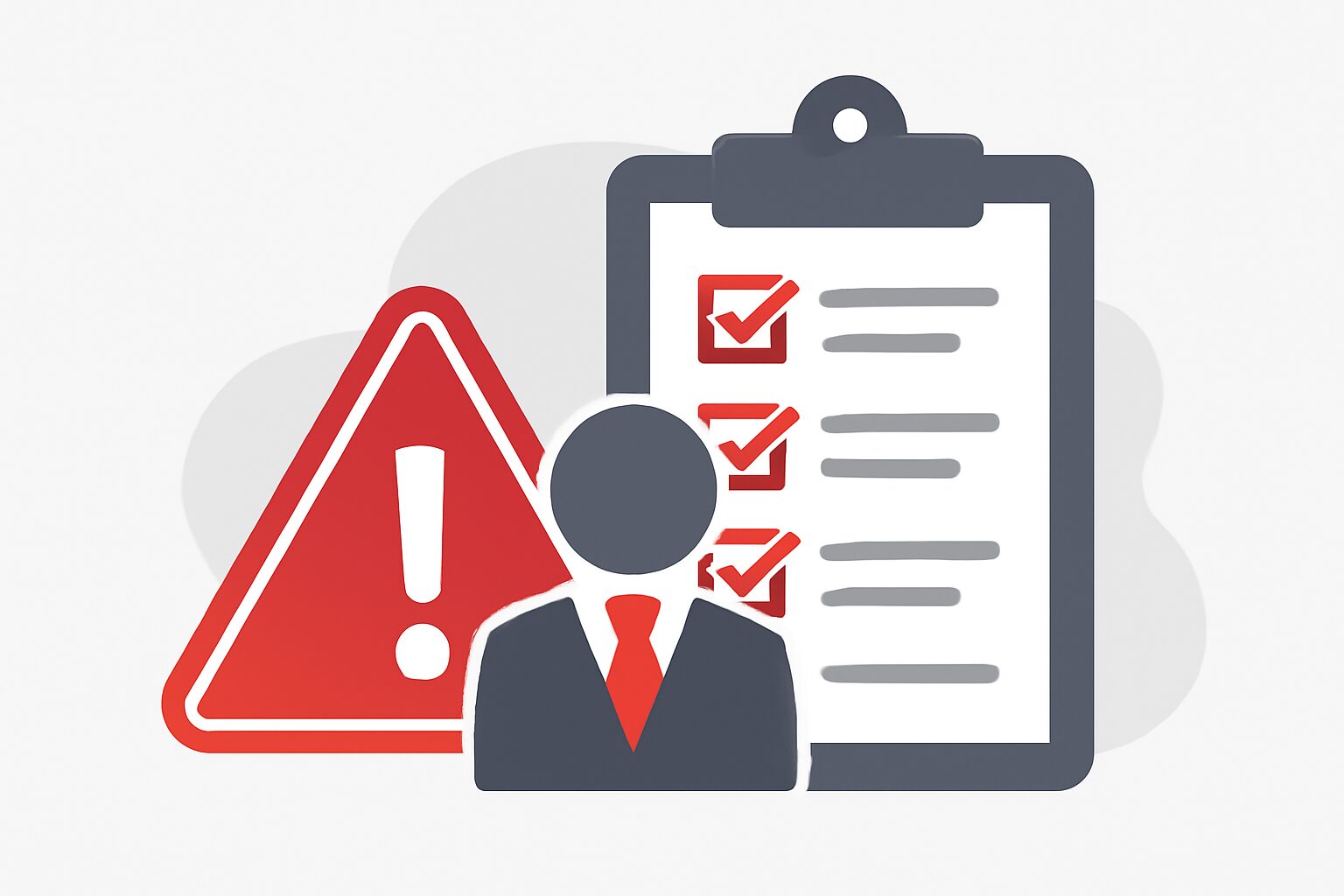 ビジネスリスクを表す注意マークとチェックリストのフラットイラスト、赤とグレー基調、テキストなし