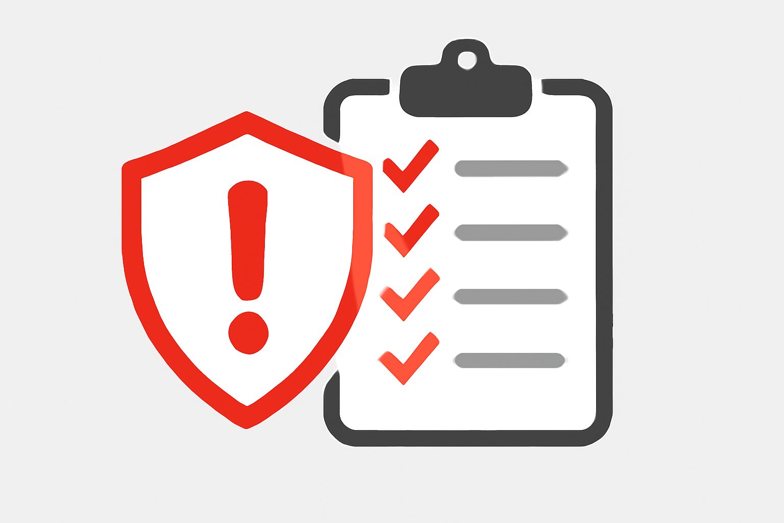 注意マークの盾アイコンとチェックリストが並ぶフラットイラスト、赤とグレーの配色、テキストなし
