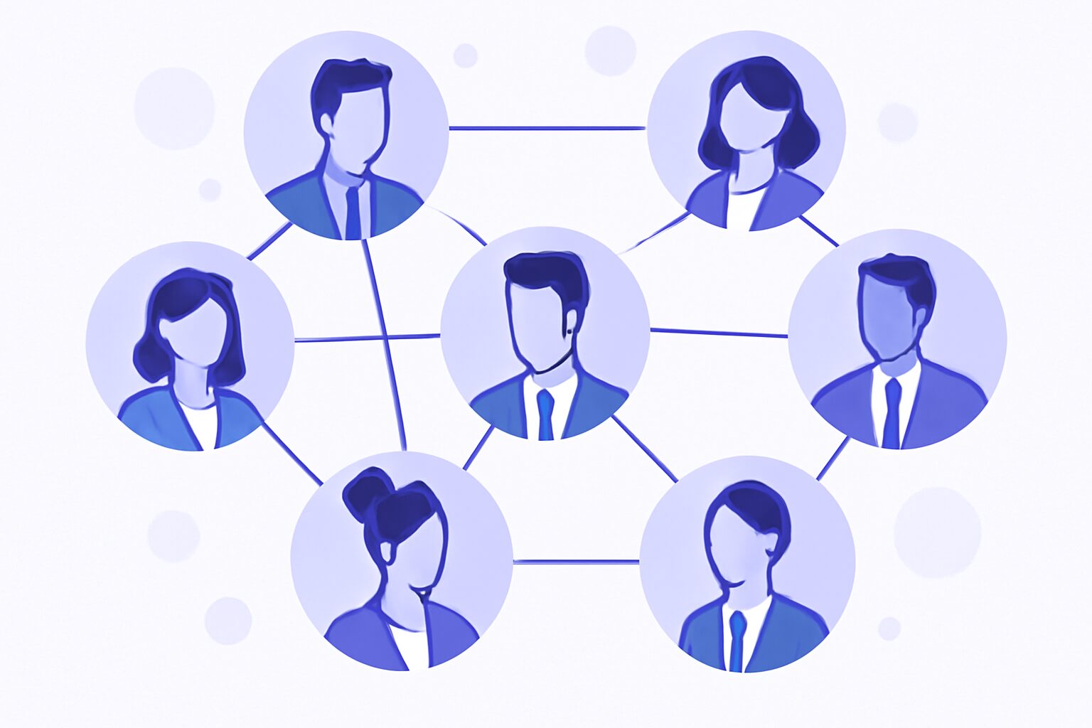 複数のビジネスパーソンがつながるネットワーク図のフラットイラスト、紫と青のカラー、テキストなし