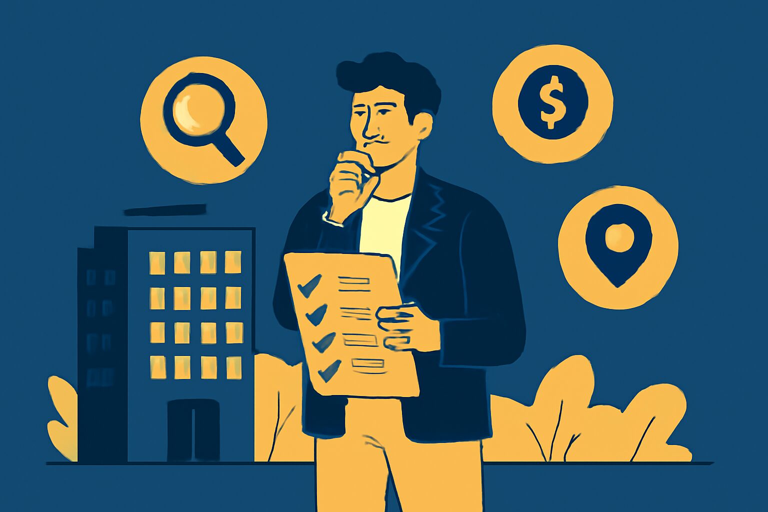チェックリストを持ってオフィスビルの前で考えている人物のフラットイラスト、虫眼鏡・コイン・立地マーカーのアイコンが周囲に