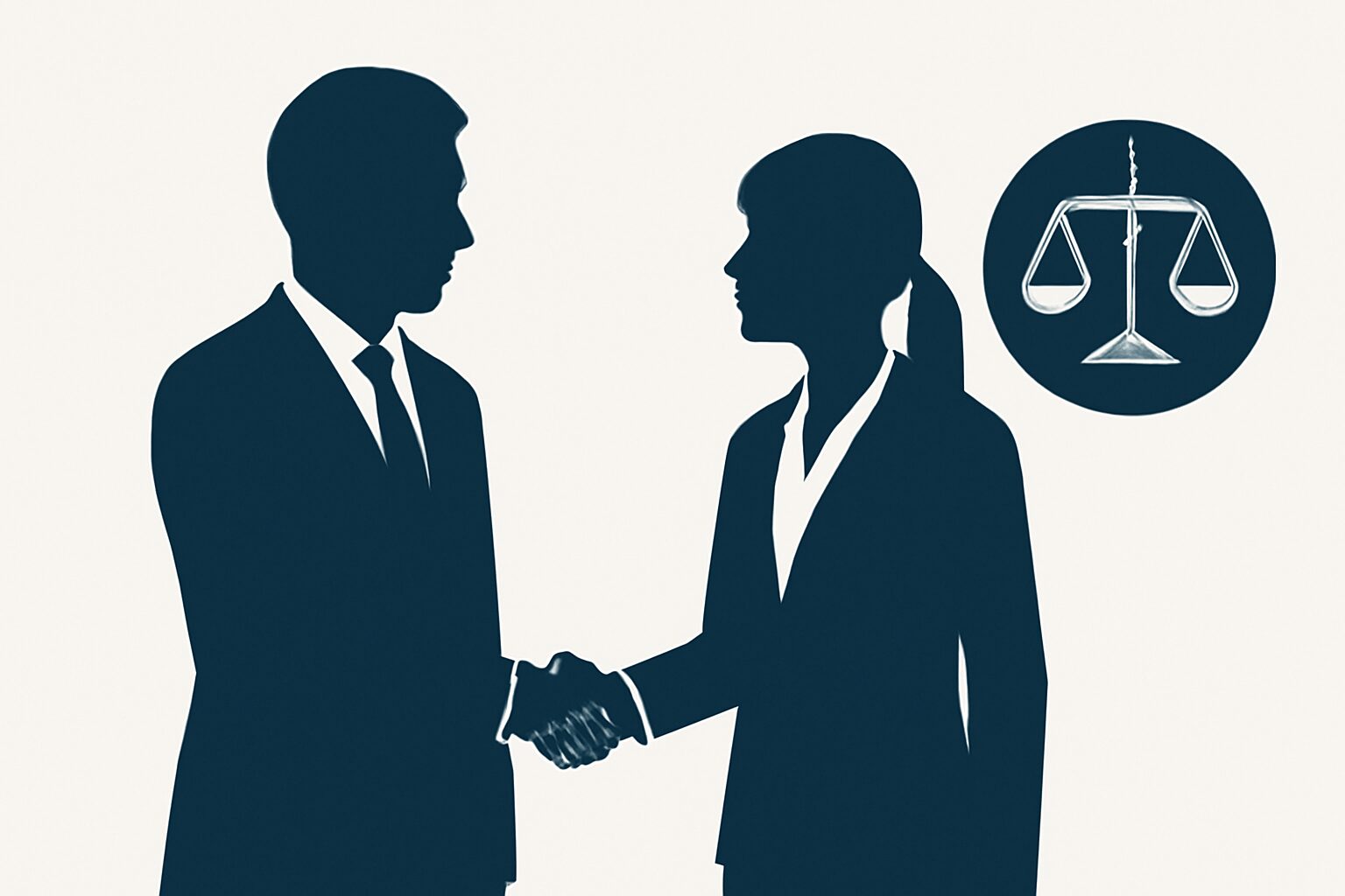 握手するビジネスパーソンのシルエットと法律の天秤アイコンのフラットイラスト、紺と白のカラー、テキストなし