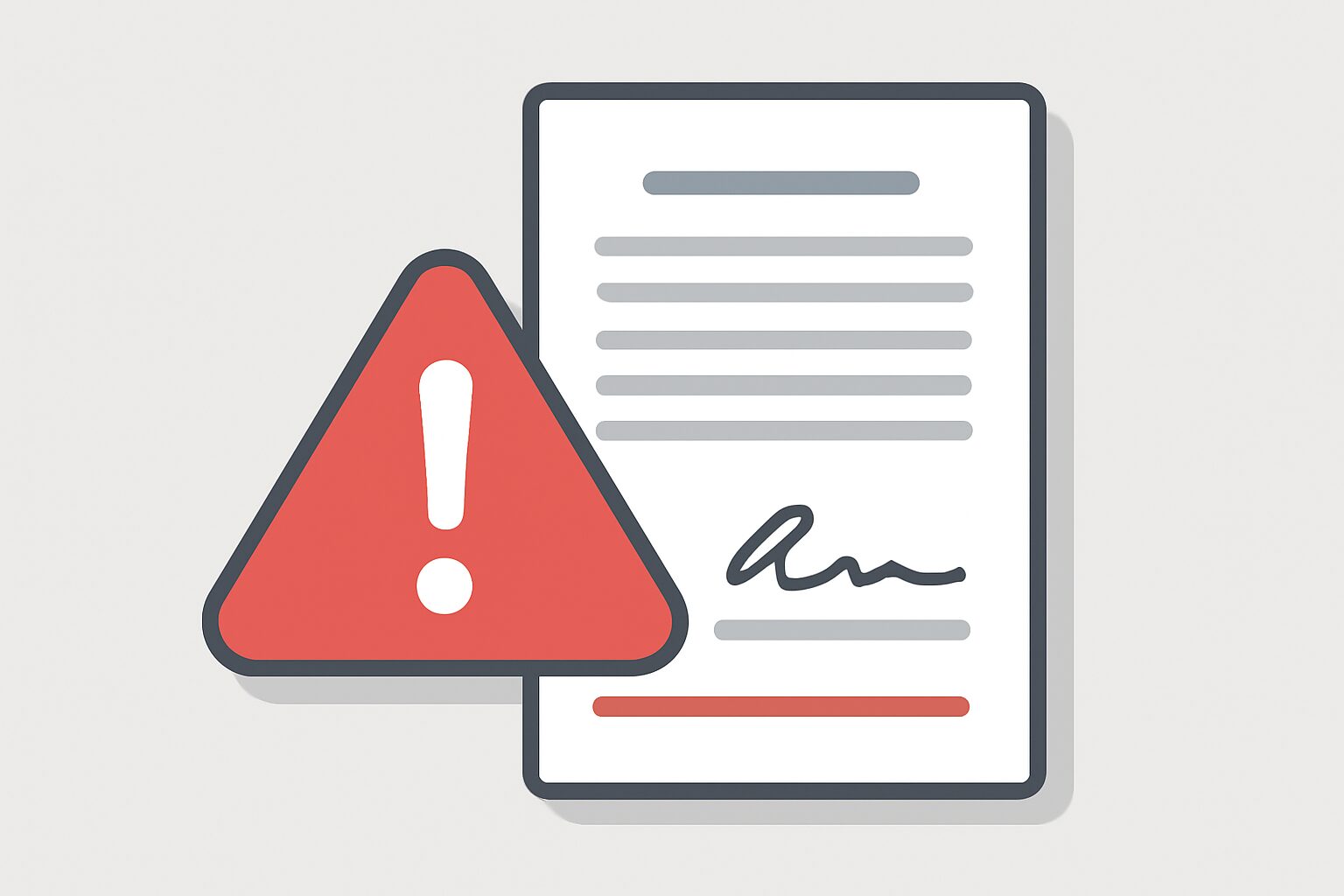 注意マークと契約書が描かれたフラットイラスト、赤とグレーの配色、テキストなし