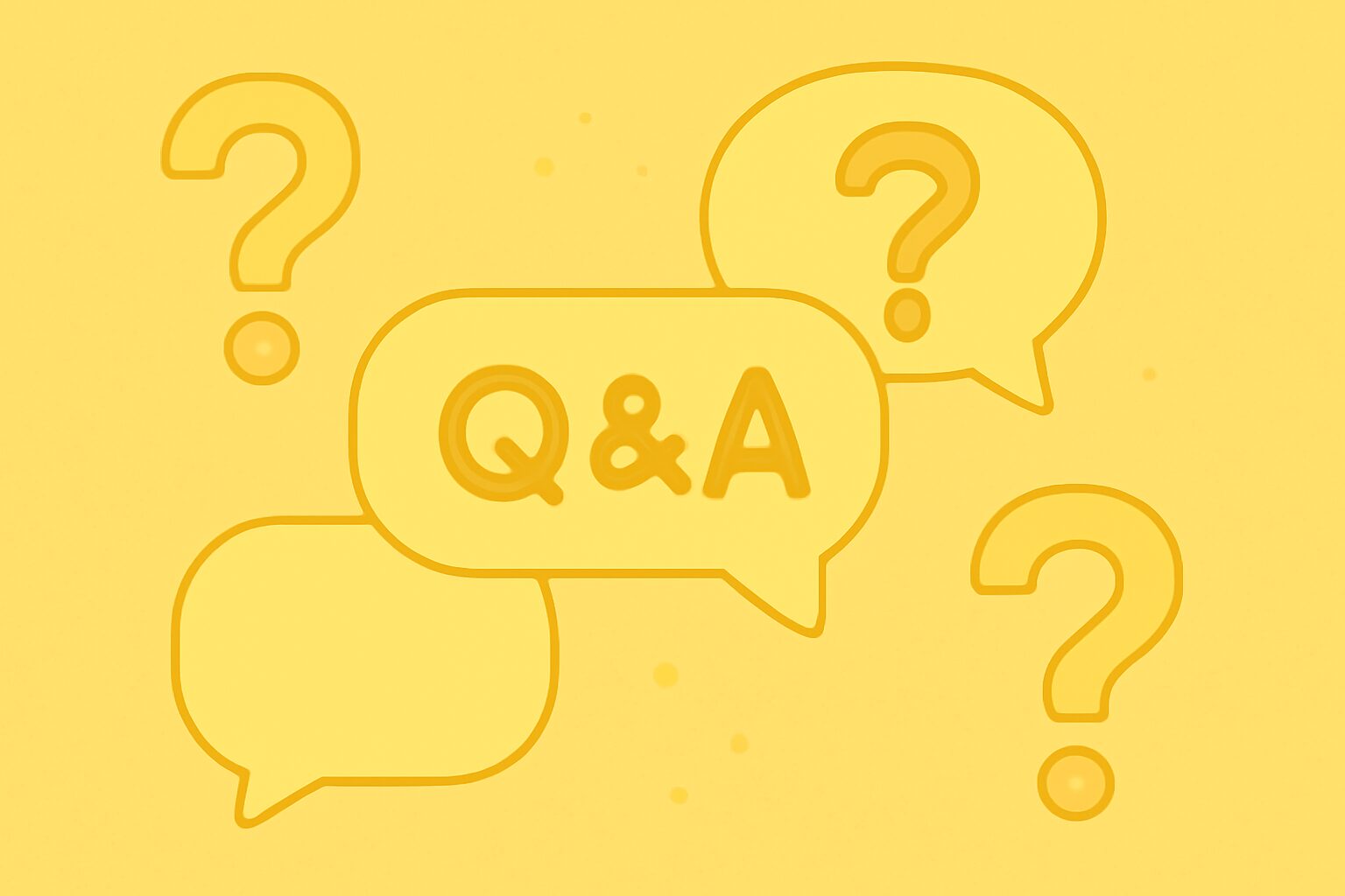 吹き出しやクエスチョンマークが並ぶQ&Aイメージのフラットイラスト、明るい色調、テキストなし、イエロー系カラー