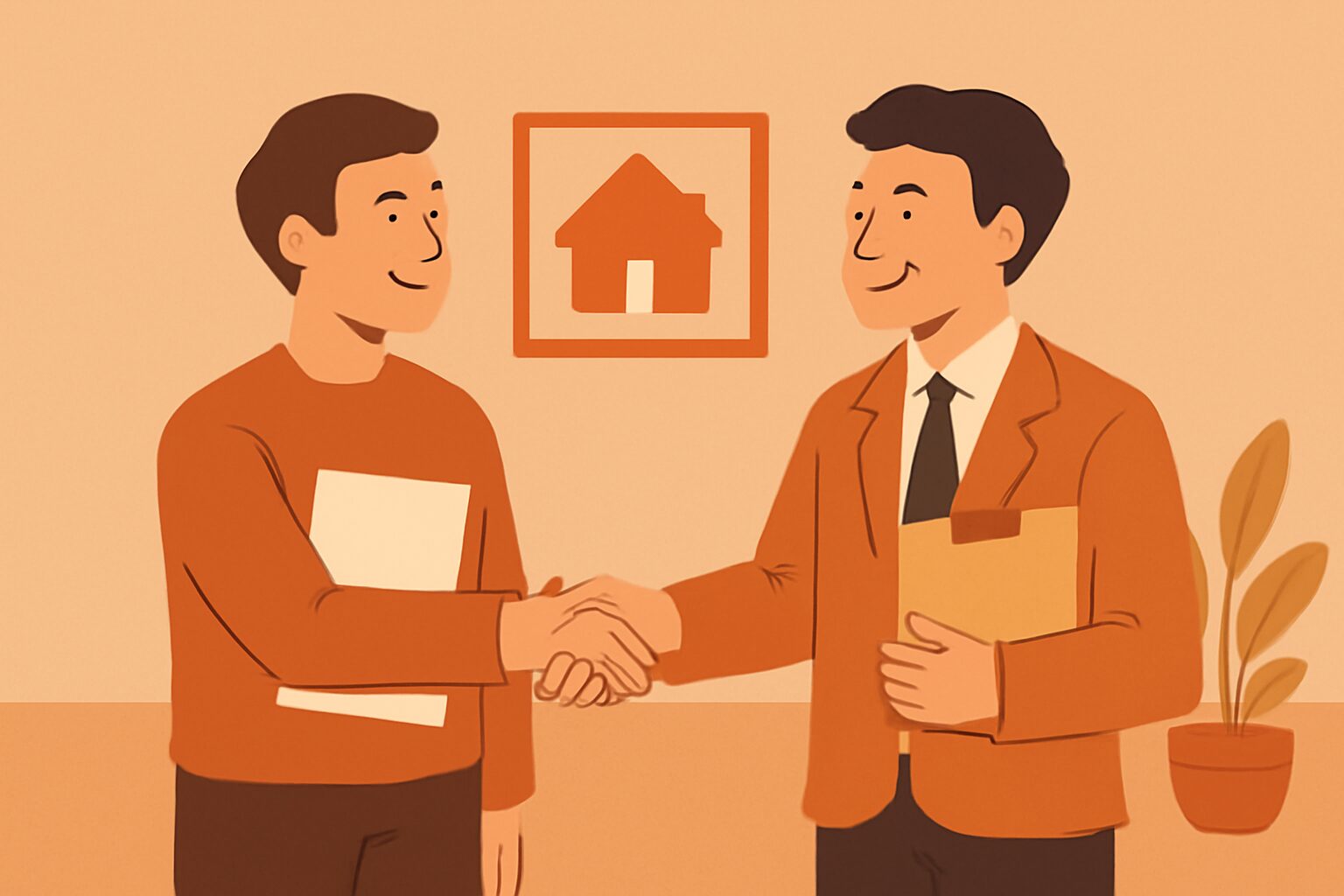 書類を持って不動産会社の担当者と笑顔で握手しているフラットイラスト、ウォームカラー系、テキストなし