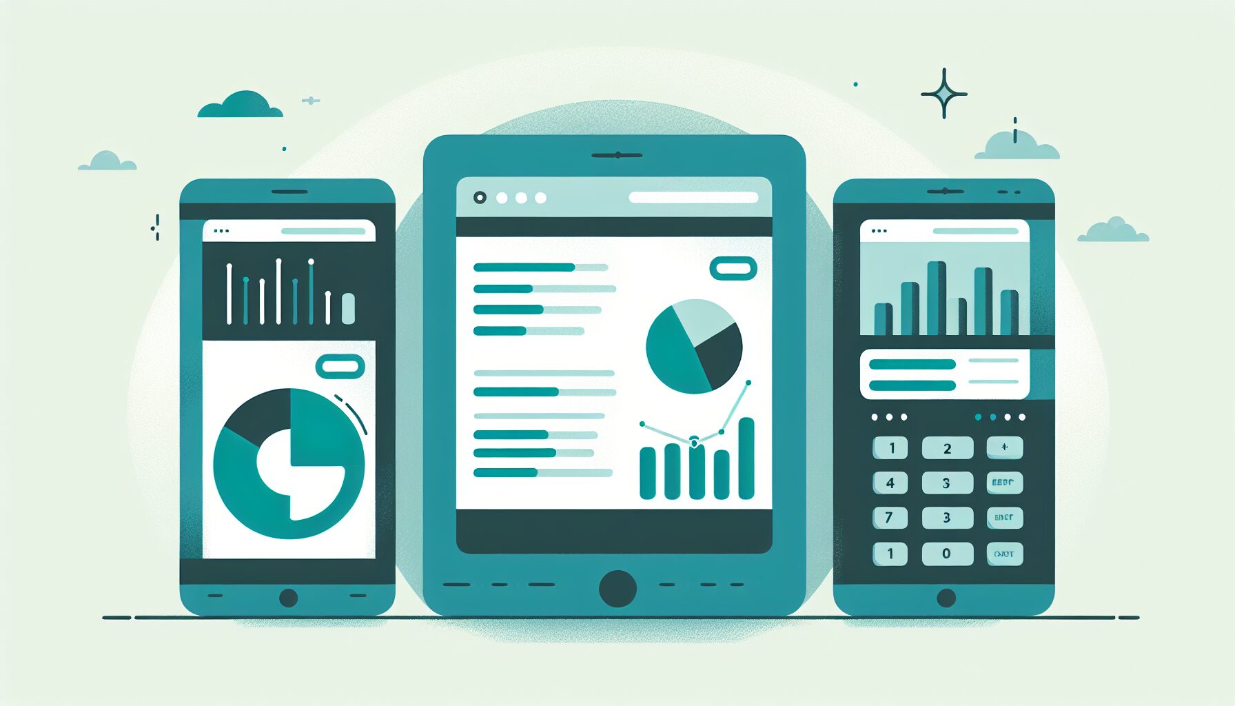 3つの会計ソフトのダッシュボード画面をイメージしたフラットデザインのイラスト、ティール系カラー、テキストなし