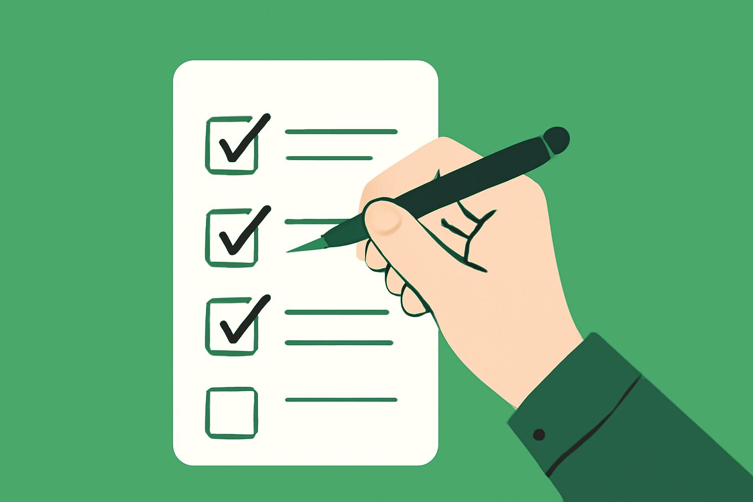 チェックリストとペンを持つ手のフラットイラスト、緑と白のカラーパレット、テキストなし