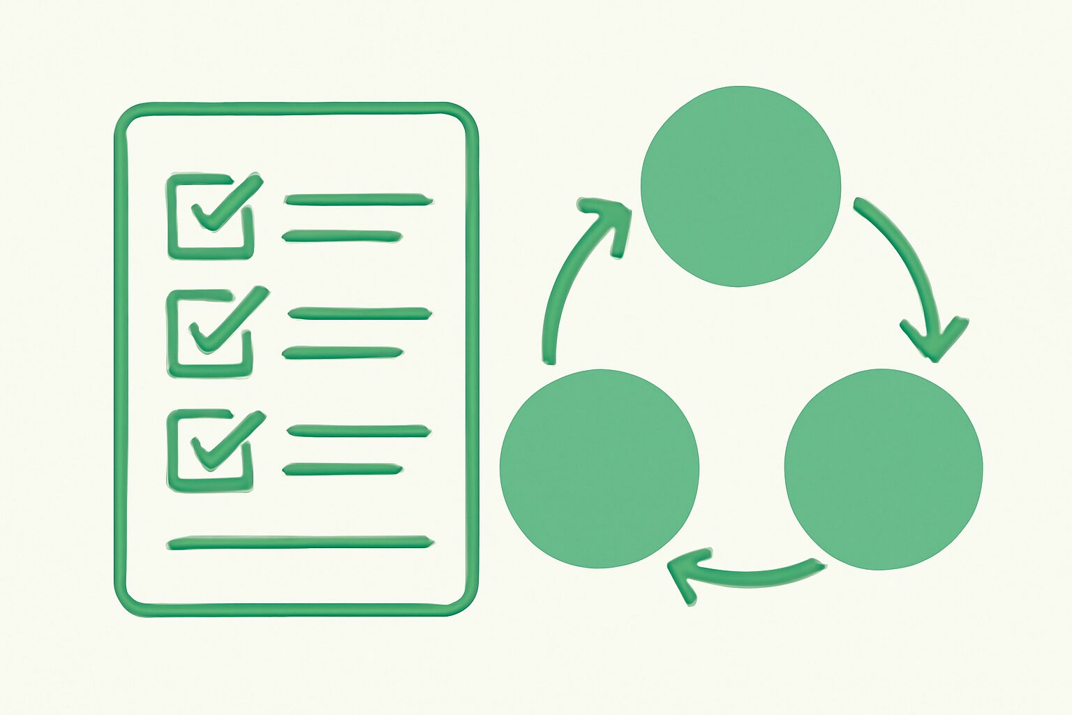 チェックリストとステップを示すインフォグラフィック風イラスト、3つの丸いステップが矢印でつながっている構図、グリーン系、