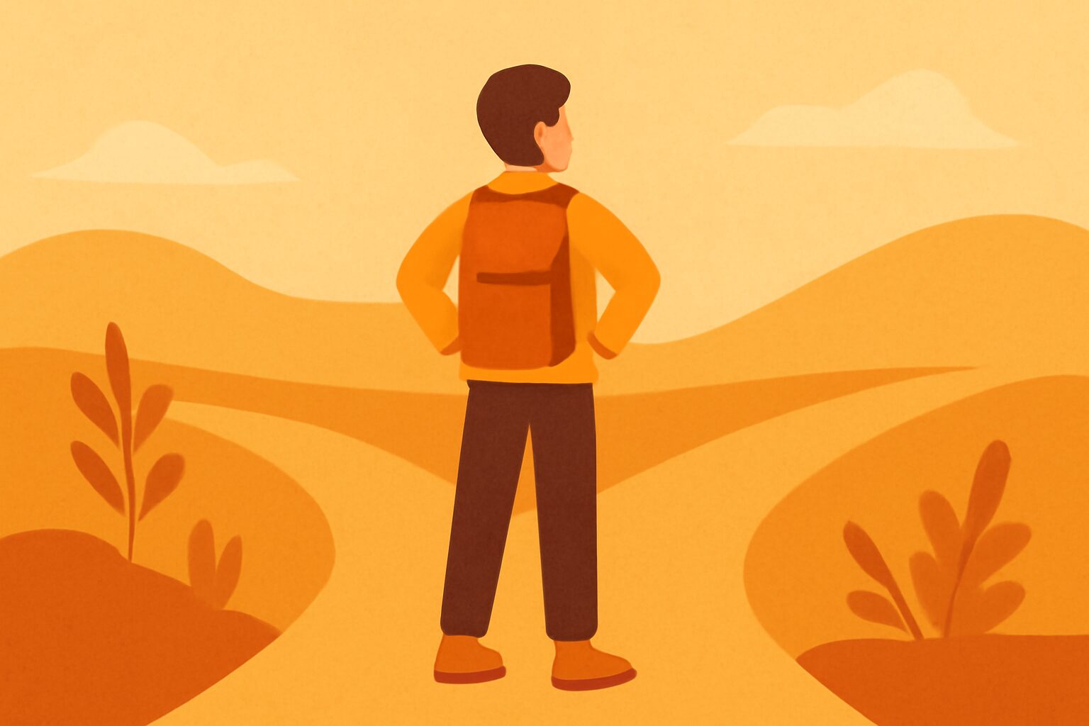 分かれ道に立って二つの方向を見比べる人物のフラットイラスト、ウォーム系の配色、テキストなし