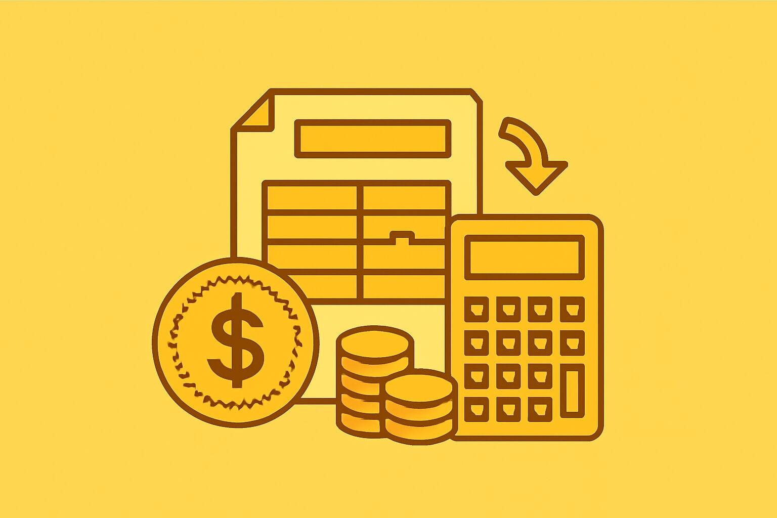 確定申告書と税金還付のイメージを表すコインと電卓のフラットイラスト、イエロー系カラー、テキストなし