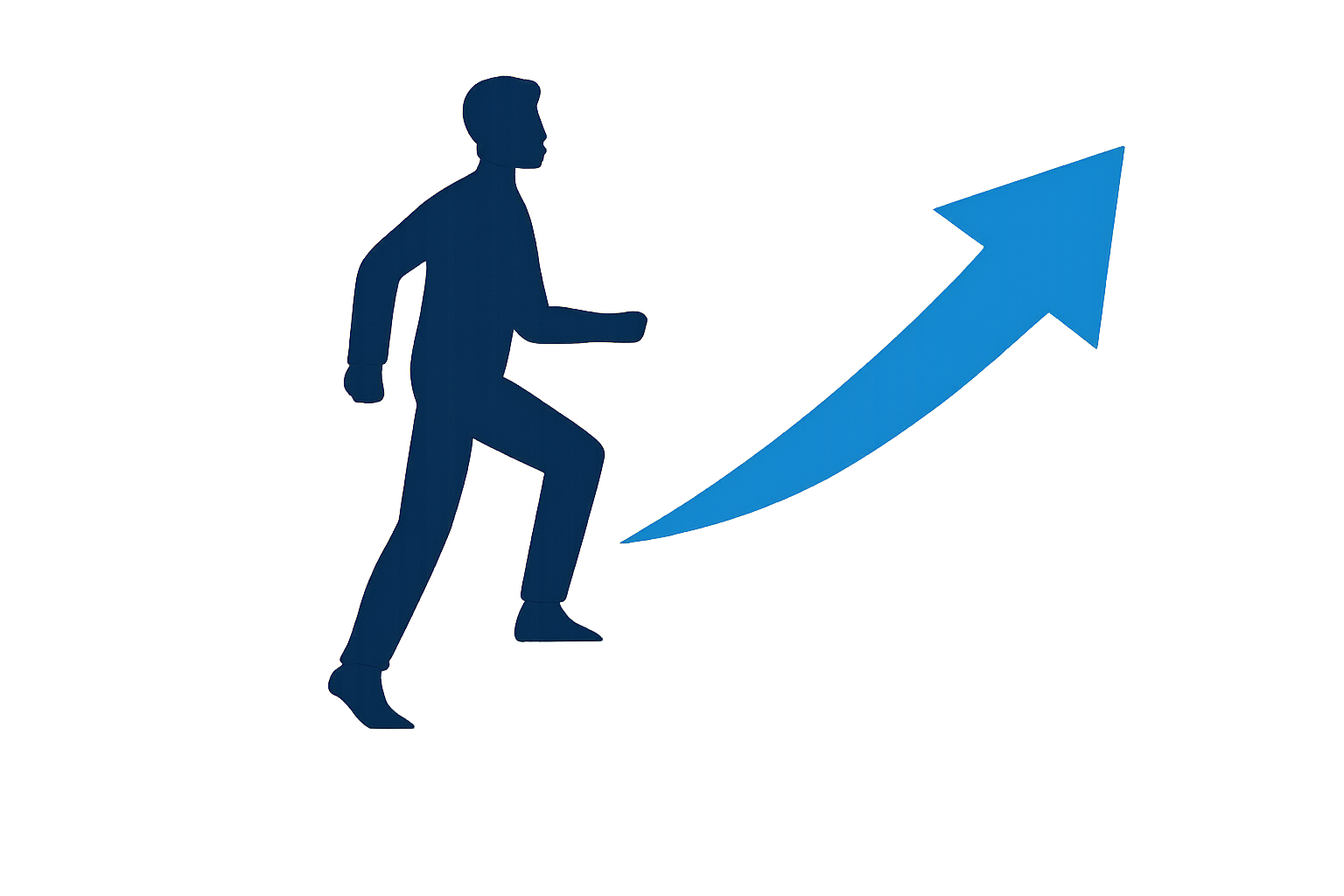 ステップアップしていく人物のシルエットと上昇矢印のフラットイラスト、青と黄色の配色、テキストなし