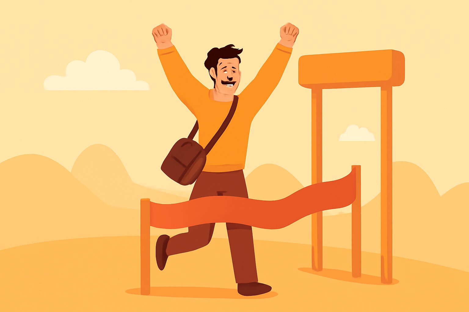 ゴールに到達して達成感を感じているフリーランスのフラットイラスト、明るい暖色系、テキストなし